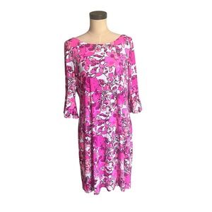 Pappagallo Pink Floral Boat Neck 3/4 Bell Sleeve Shift Dress Womens Large